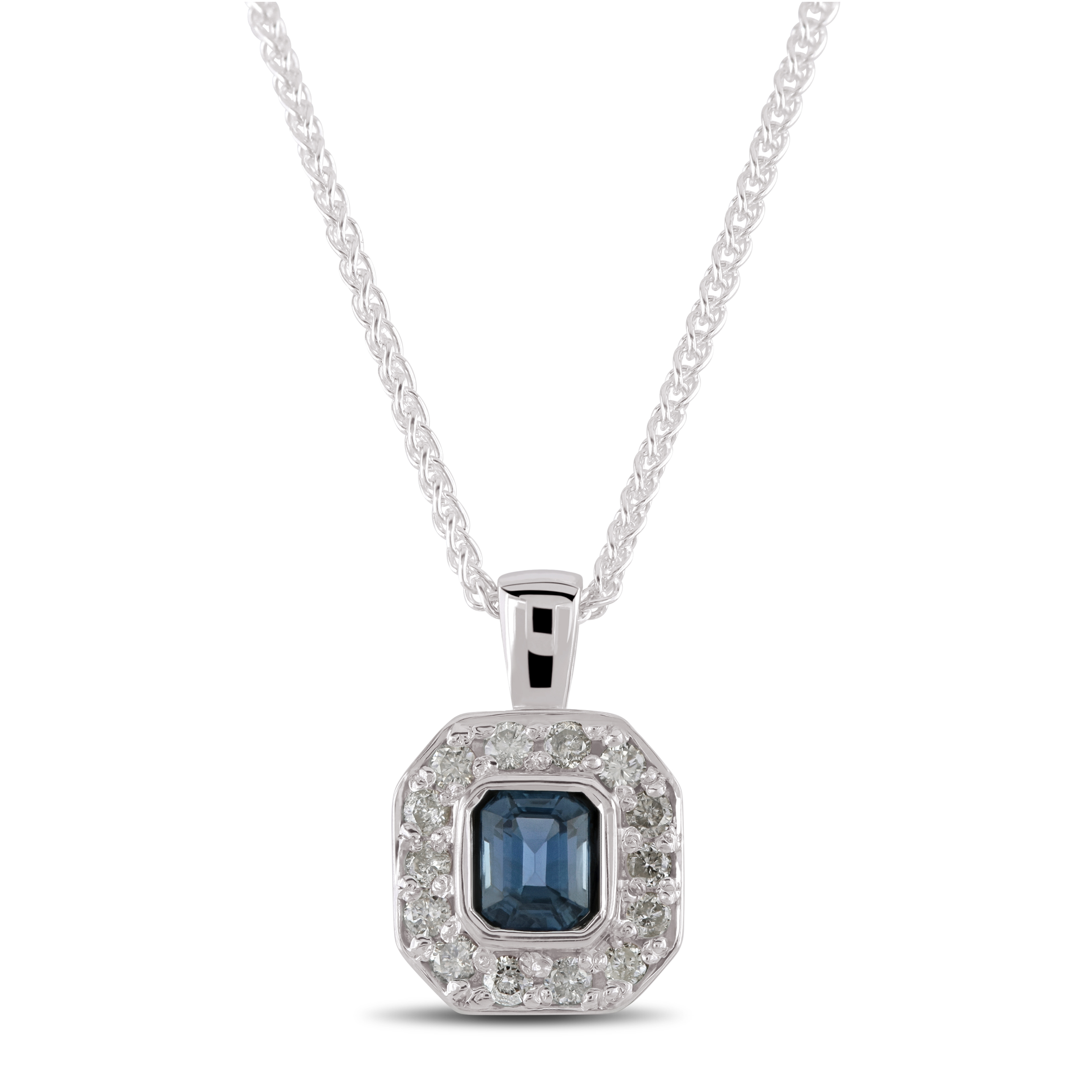 Sapphire And Diamond Pendant, 18 Inch chain, 0.30ct | Kensington Jewellery